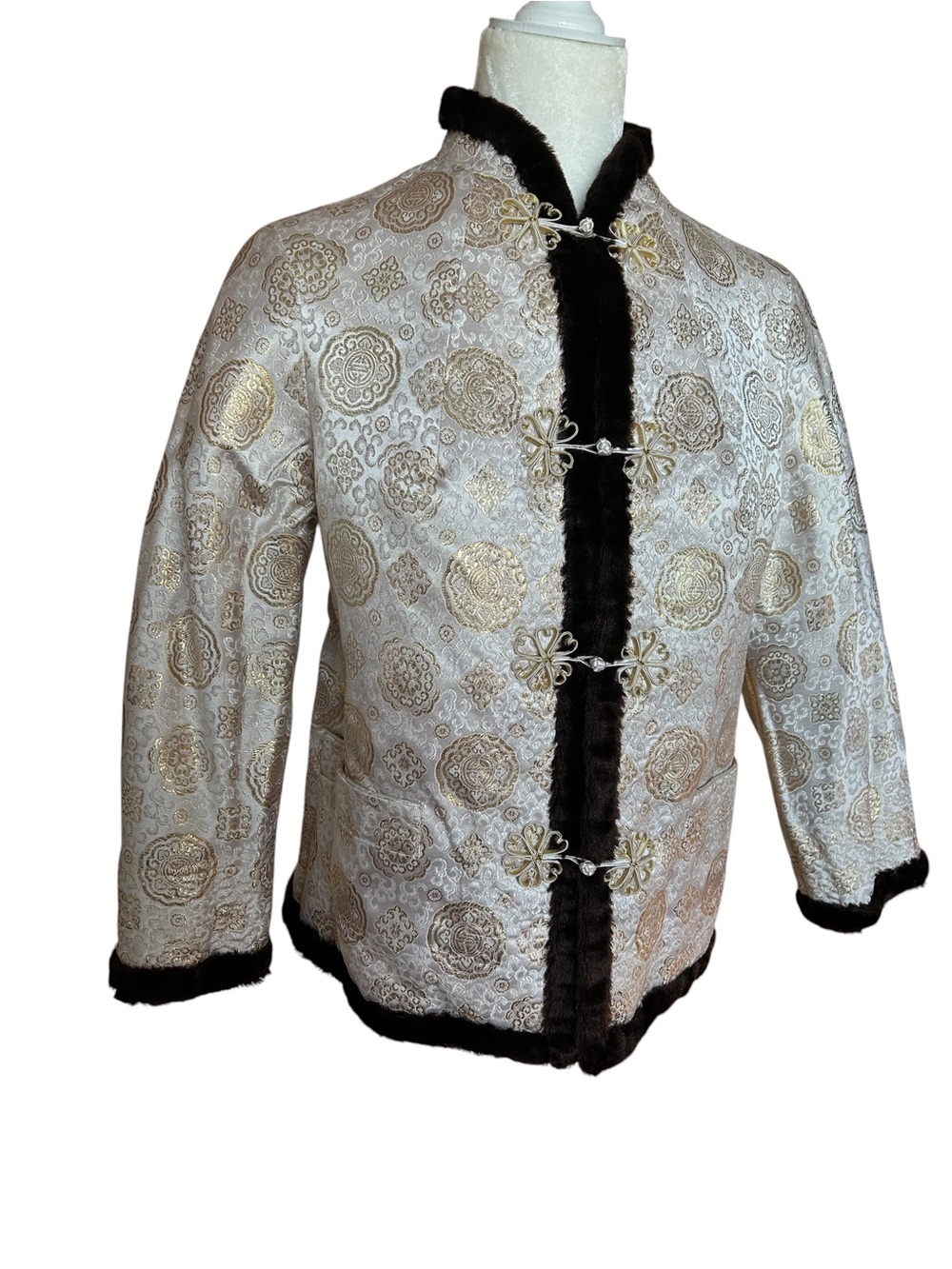 Gorgeous Asian Brocade Jacket Faux Fur Trim Mandarin Collar Size Small - Picture 3 of 14